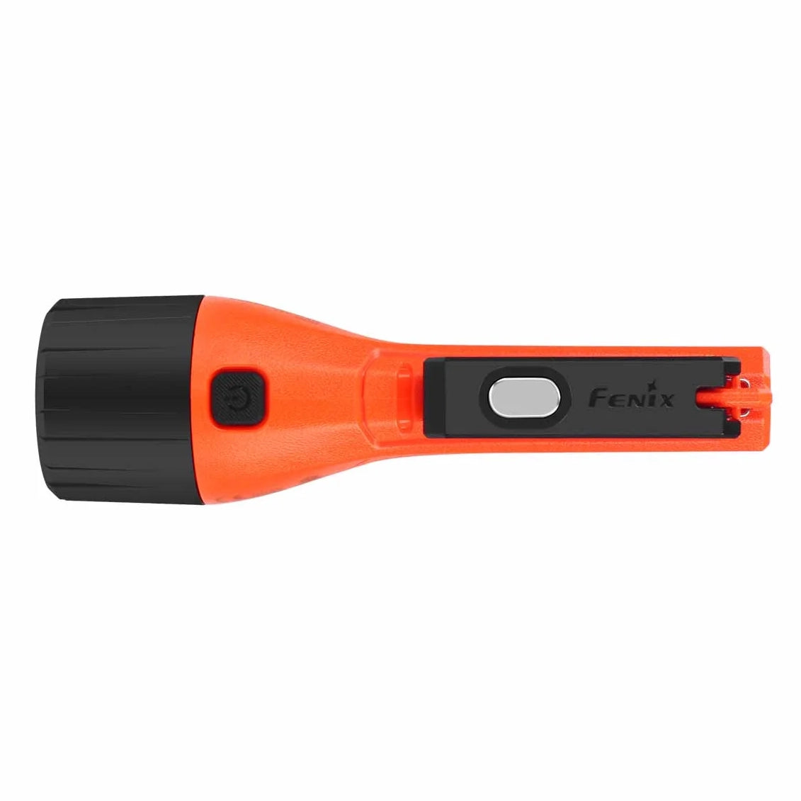 Angled view of the Fenix WF11E black head assembly with its glass lens and IECEx and ATEX certification markings on the orange body