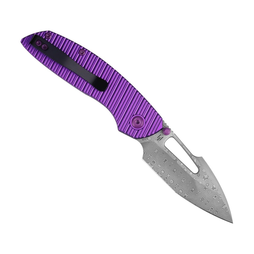 Kansept Link T1068H2 Damascus Blade Purple Aluminum Handle Top Liner Lock Folding Knife