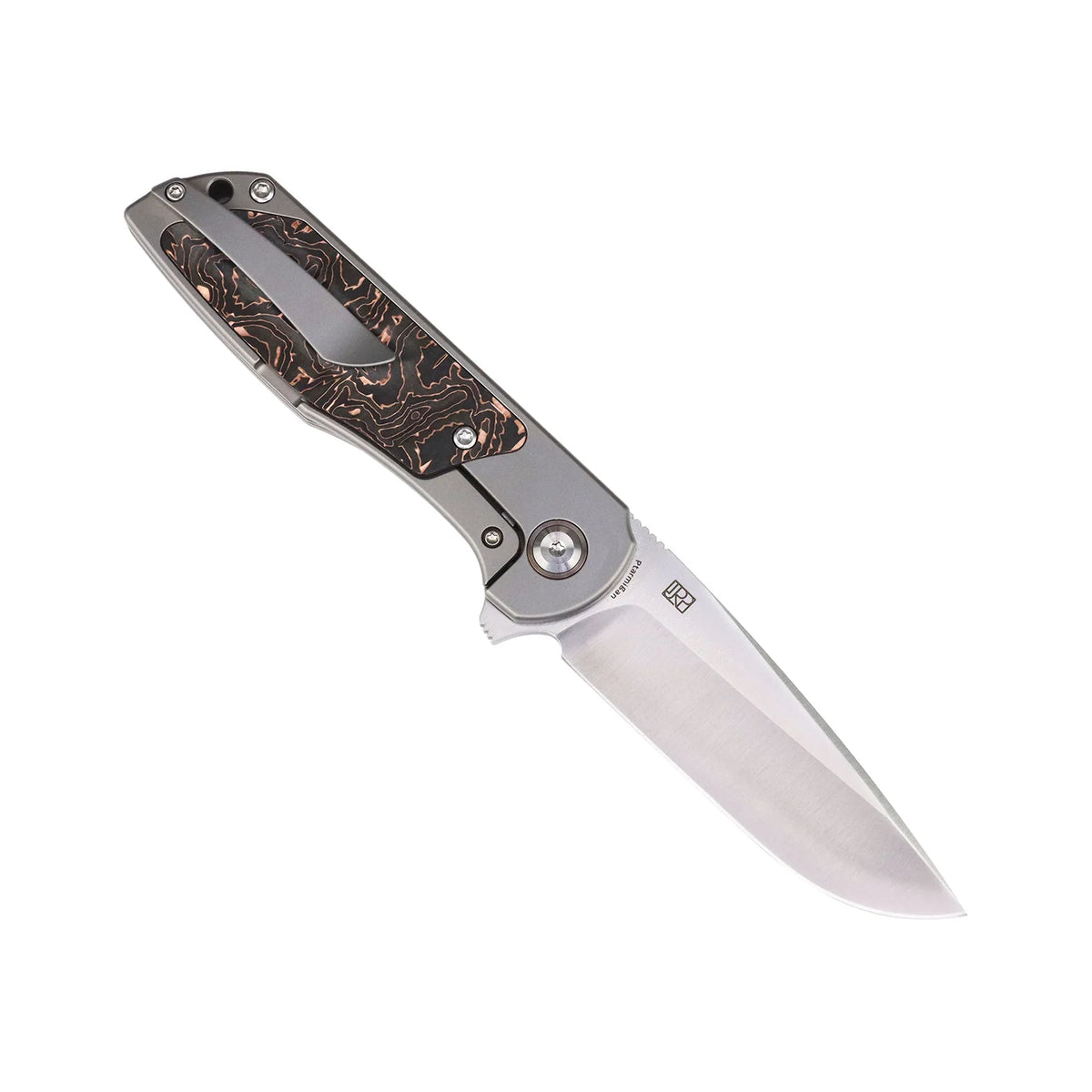 Kansept Ptarmigan K2055A2 CPM-S35VN frame-lock folder with copper carbon fiber, open profile view showing blade and handle