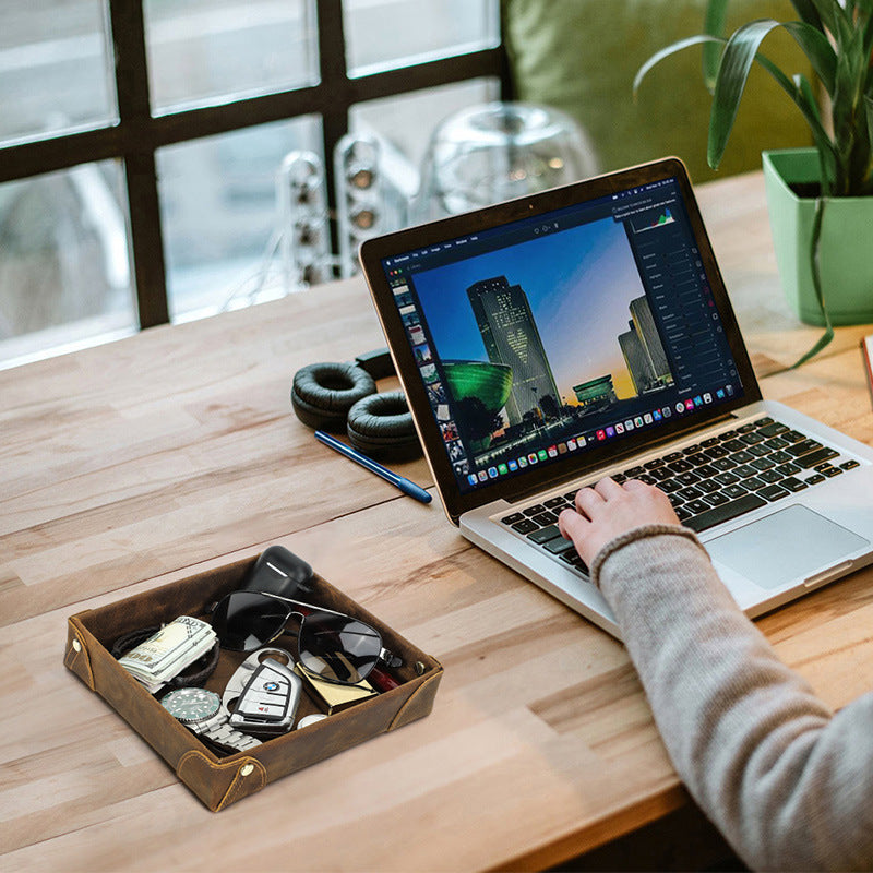 Contacts Family 复古疯马皮革 EDC 收纳托盘 - 手工制作的办公桌配件收纳