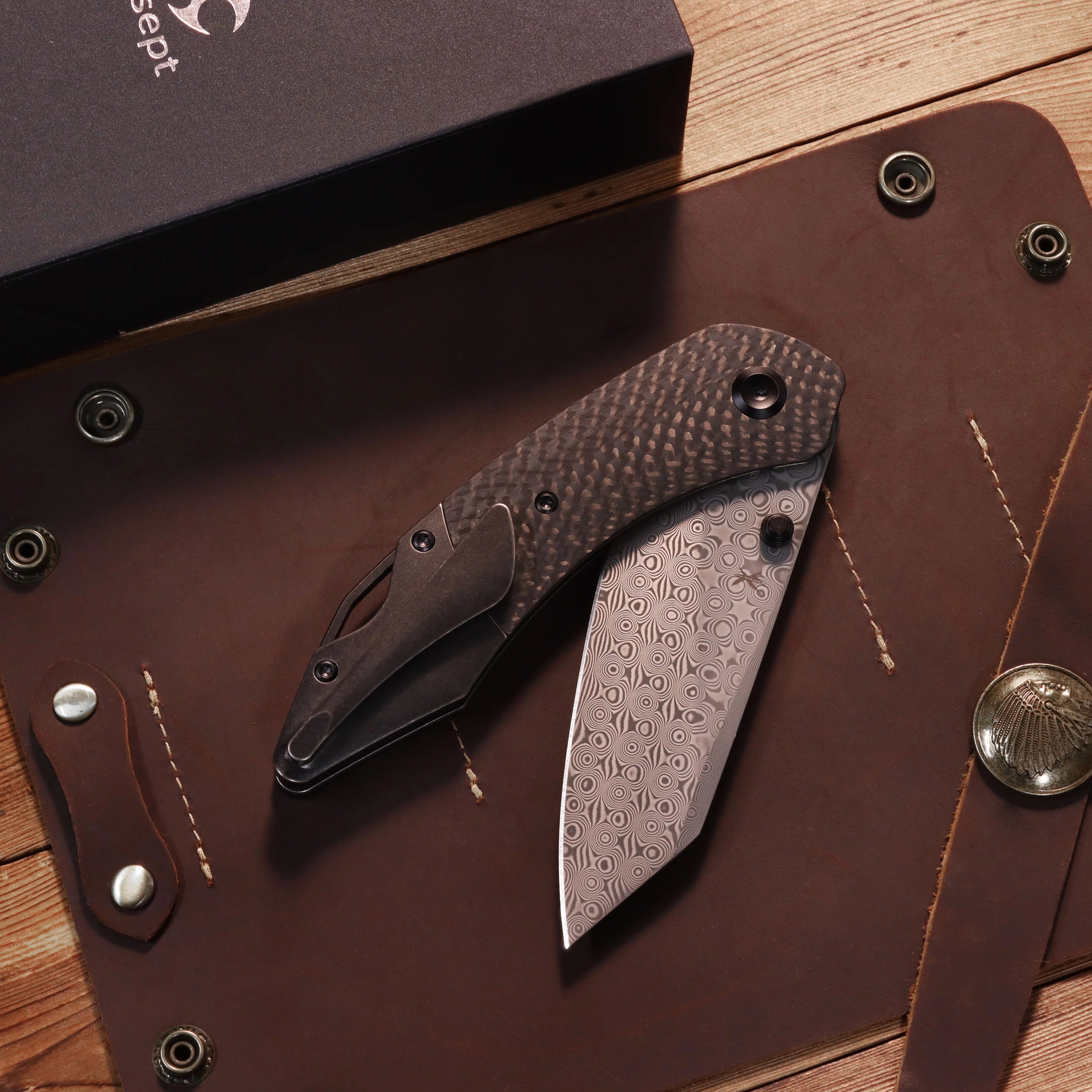 Kansept K9 K1151A4 Damascus Blade Carbon Fiber/G10 & Titanium Handle Bolster Liner Lock Folding Knife