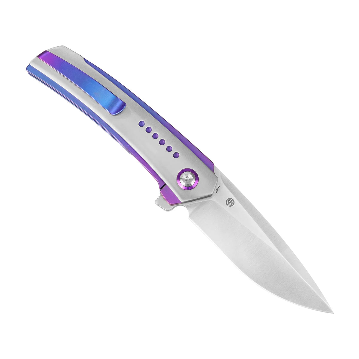 Kansept Tracer K1115A1 CPM-S35VN frame-lock folder with blue-purple anodized titanium, open angled left on a white background