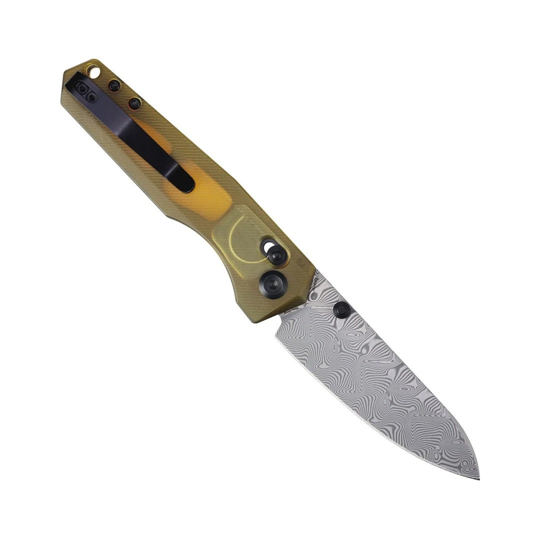 Tenable Beaver T1105V6 Water Ripple Damascus Blade Amber PEI/Ultem Handle Crossbar Lock Folding Knife
