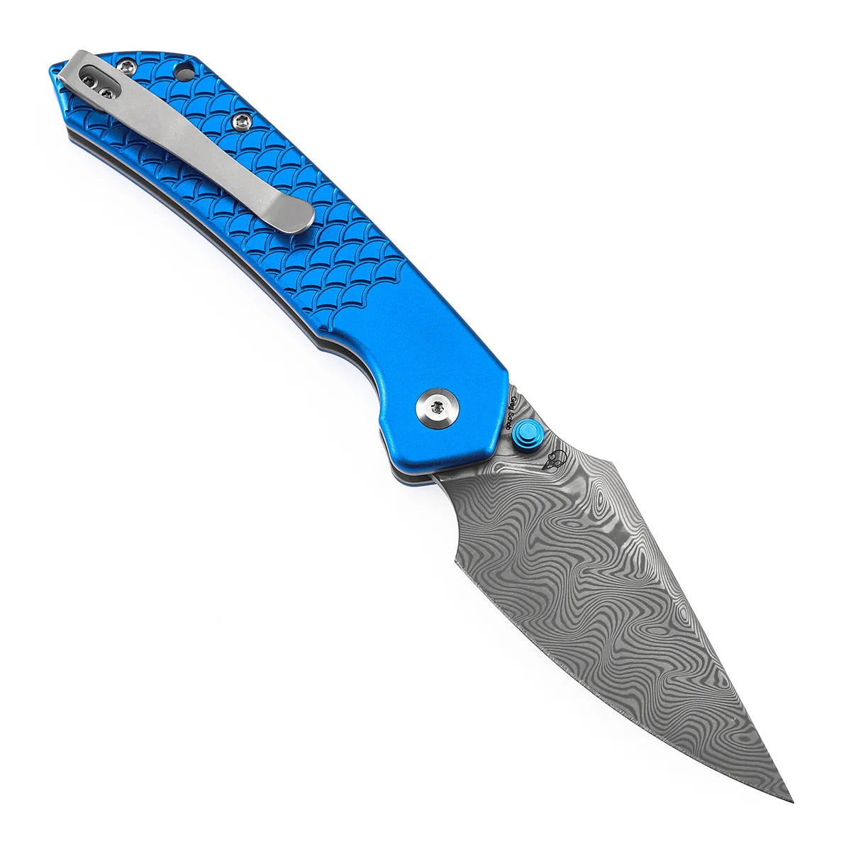 Tenable Fenrir B1034H9 Damascus Blade Blue Aluminum Handle Top Liner Lock Folding Knife