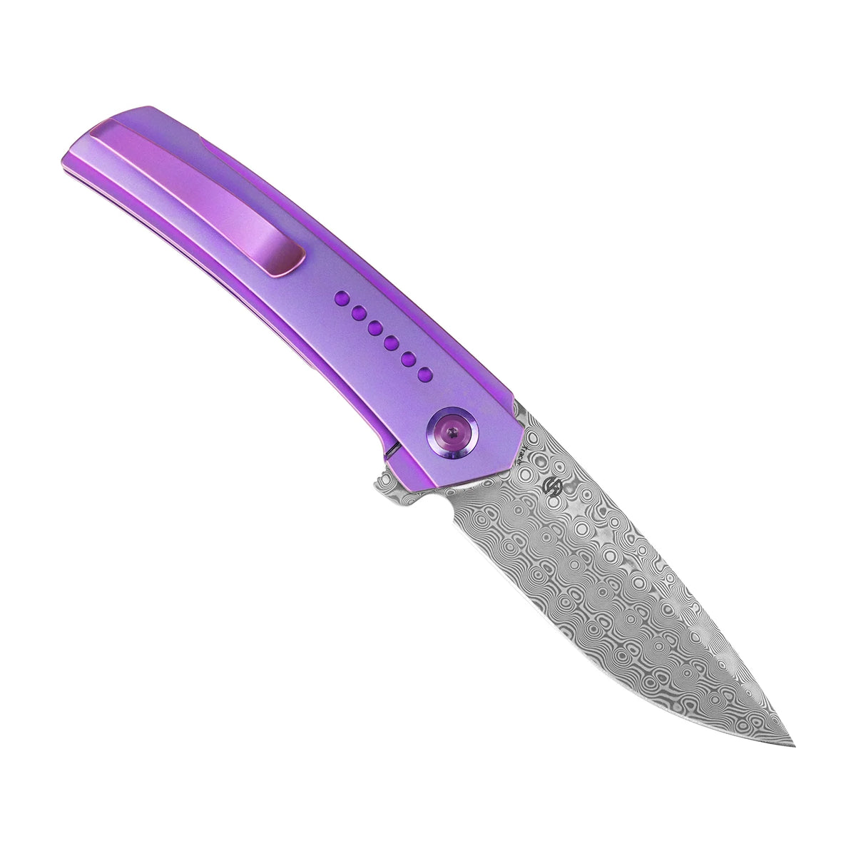 Kansept Tracer K1115A3 Damascus frame-lock folder with purple anodized titanium, open angled left on a white background