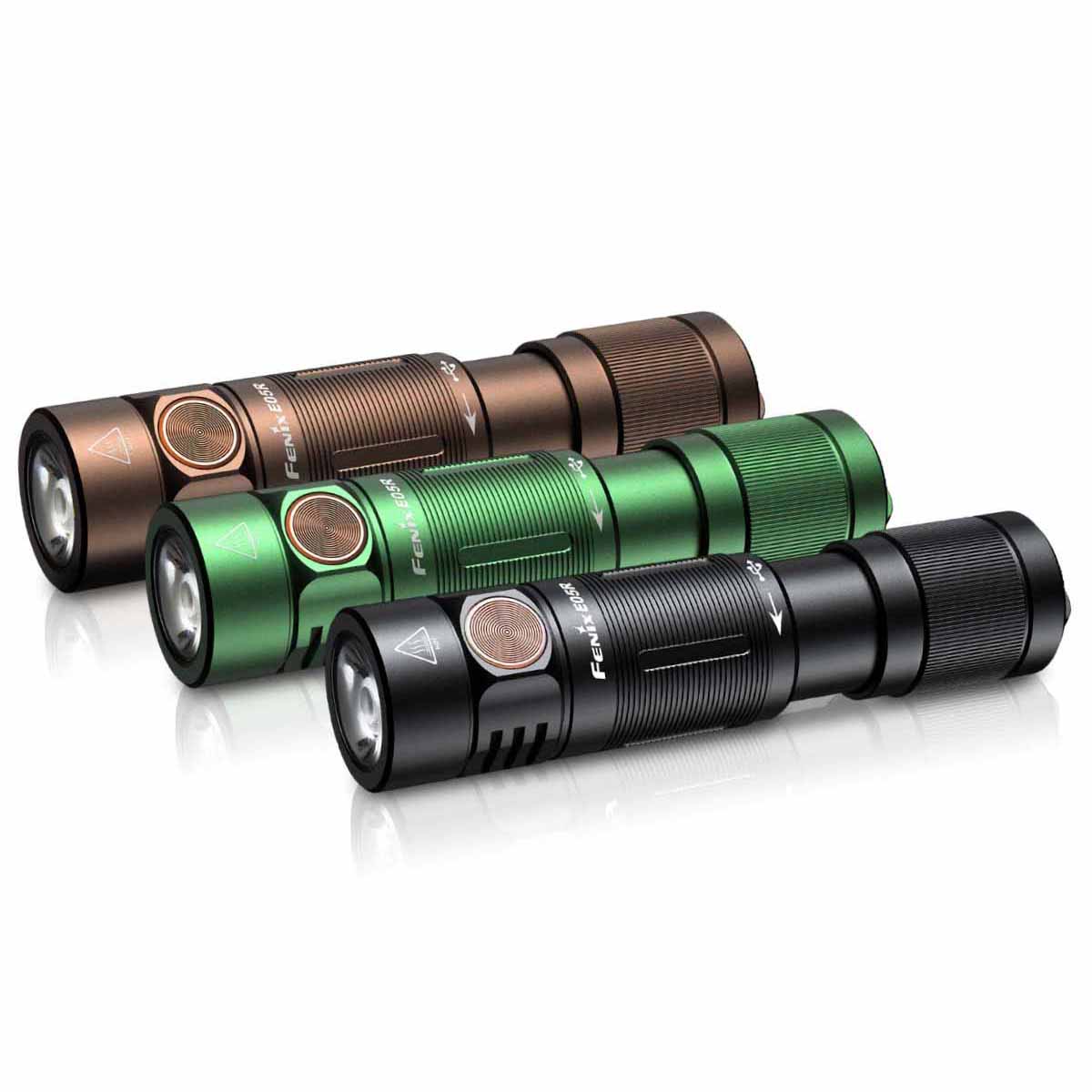 Fenix E05R Mini keychain flashlight colour options lined up in black, green and brown anodized aluminium finishes