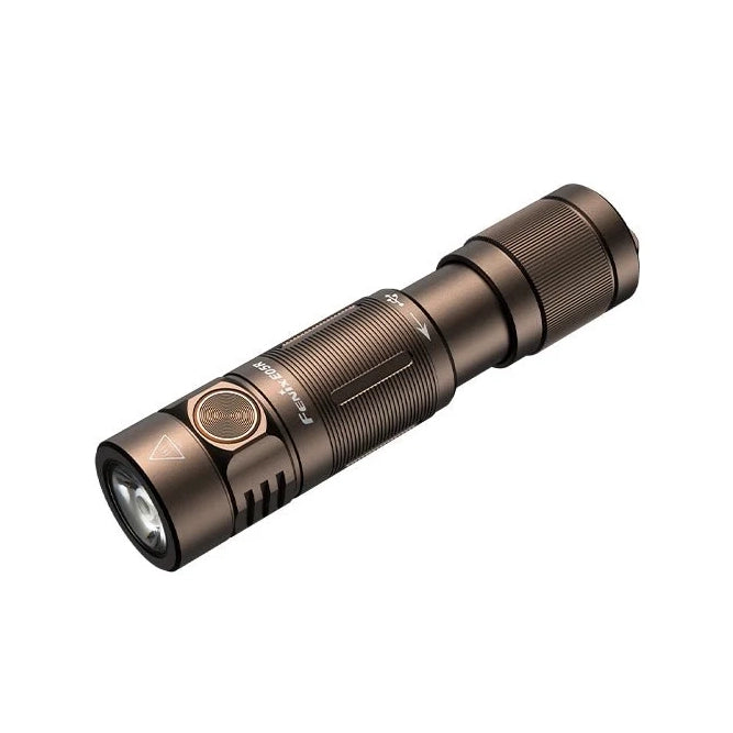 Angled view of the Fenix E05R Mini keychain flashlight in brown anodized aluminium showing the 400 lumen LED head assembly