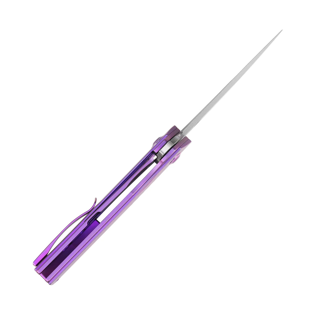 Kansept Tracer K1115A3 Damascus frame-lock folder with purple anodized titanium, open top profile view showing the blade tip