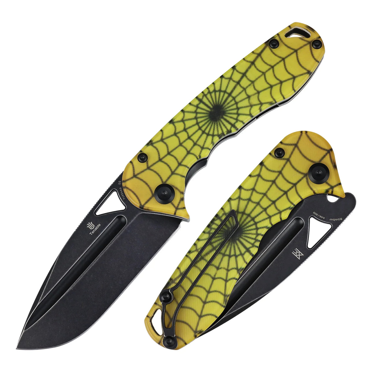 Tenable Bömbur T1054A9 Blackwash D2 Blade PC with Yellow Spiderweb Pattern Handle Liner Lock Folding Knife