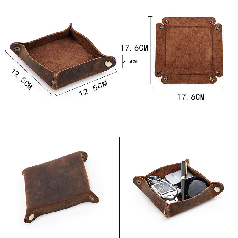 Contacts Family Retro Crazy Horse Skin Tray Handmade Creative Square Office Desktop EDC Sundry Storage Box