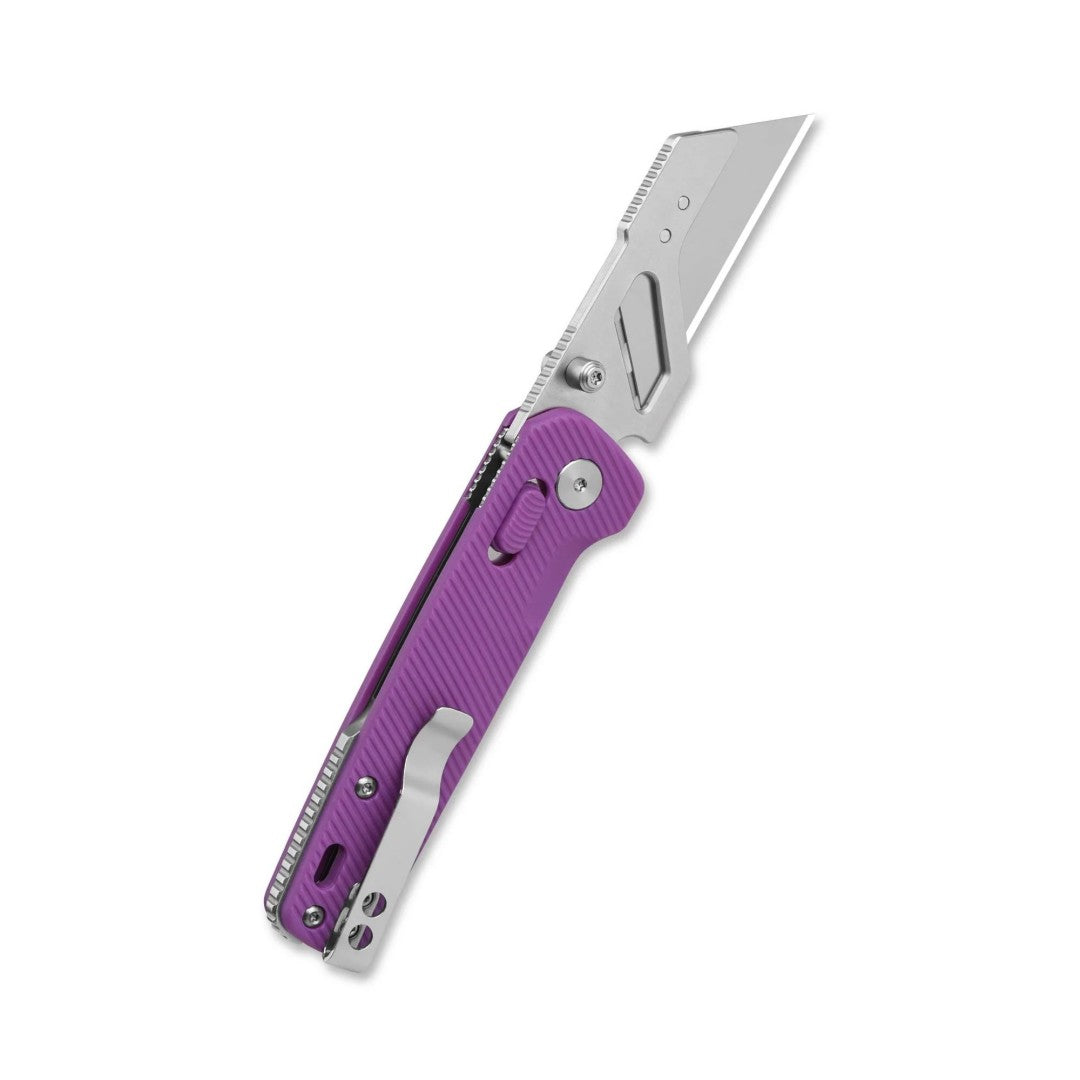 Three-quarter open view of the Penguin Workmate QS130UT-E showing purple FRN handle and steel blade segment