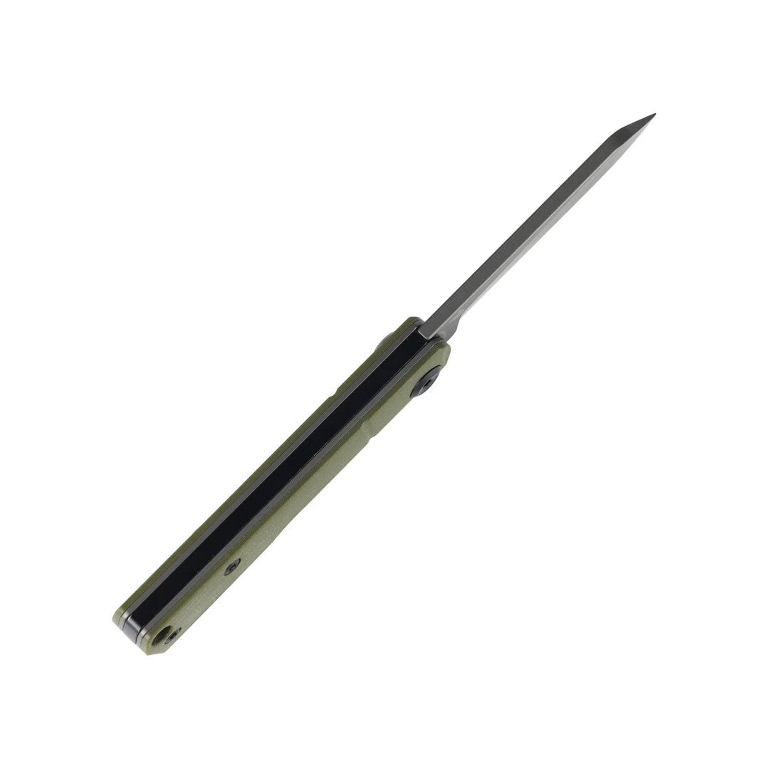 Closed Tenable Riflestock B2131S4 side view with olive green G10 scales and stonework, studio product photo on a white background