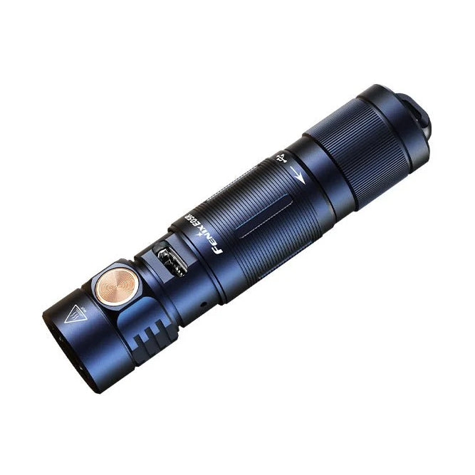 Fenix E05R Mini rechargeable keychain light in blue anodized aluminium with the charging head and metal switch in view
