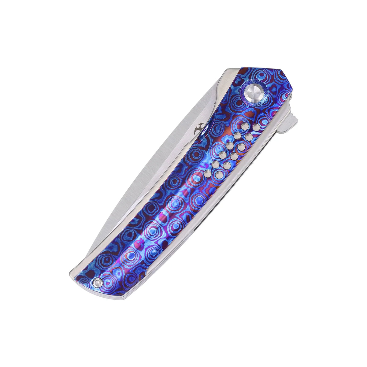 Kansept Tracer K1115A4 CPM-S35VN frame-lock folder with titanium and Timascus, open reverse three-quarter view