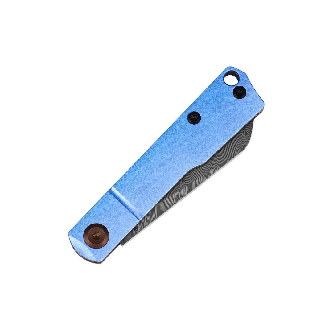 Tenable Riflestock B2131S1 Water Ripple Damascus Blade Light Blue Anodized Aluminum Handle Lock Back Folding knife