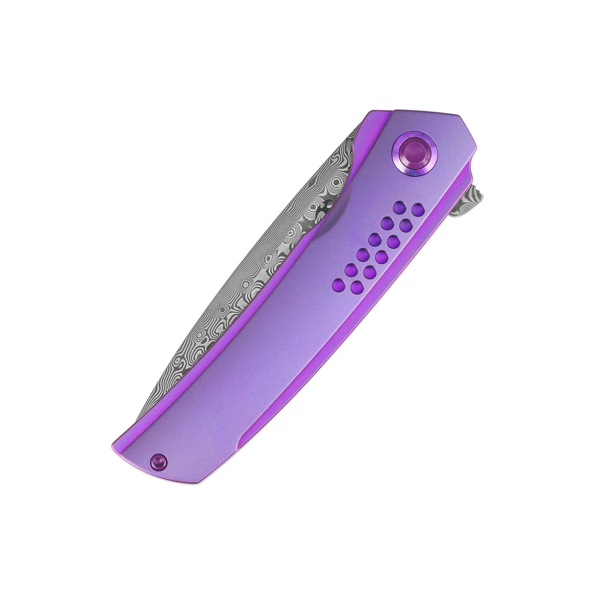 Kansept Tracer K1115A3 Damascus frame-lock folder with purple anodized titanium, closed side profile view