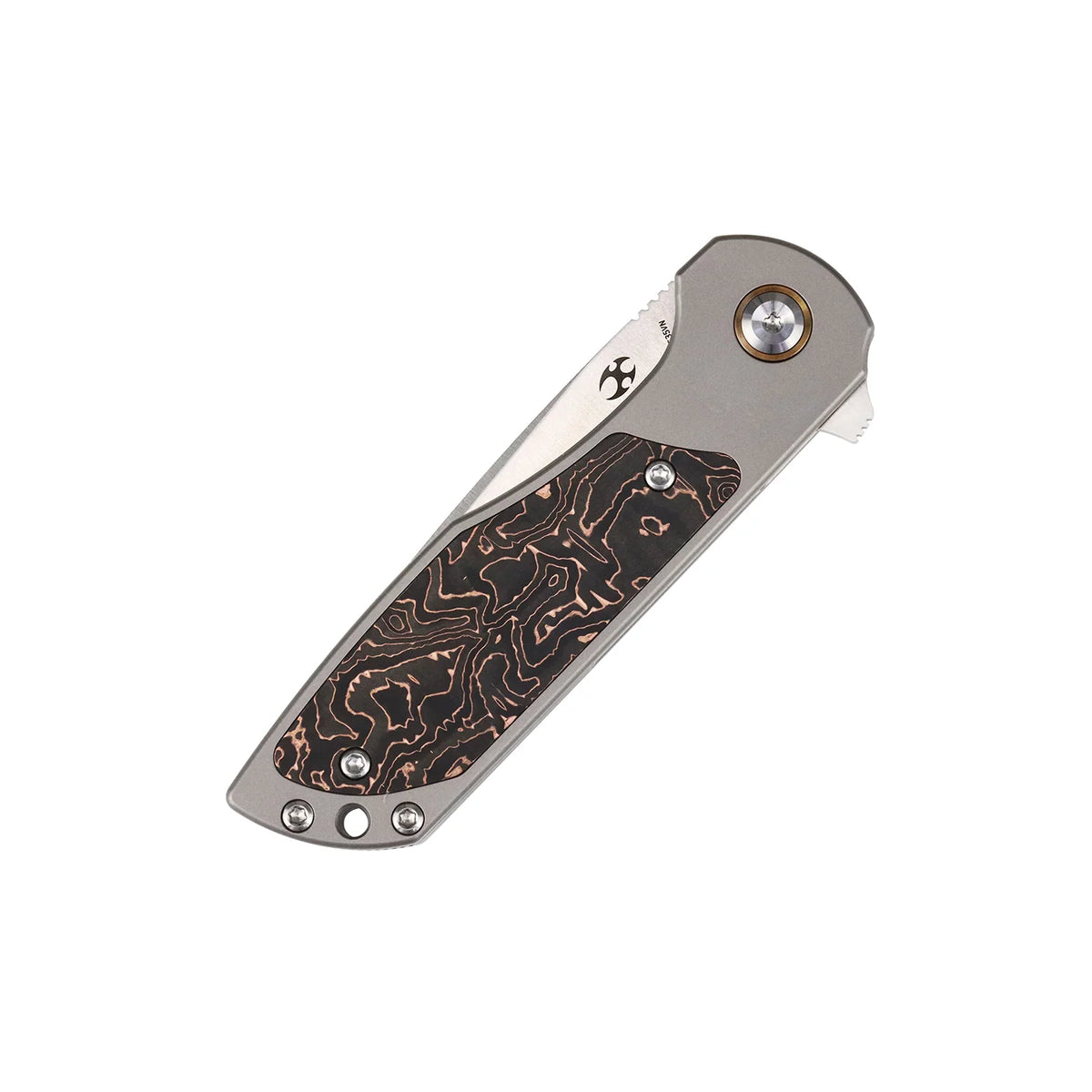 Kansept Ptarmigan K2055A2 CPM-S35VN frame-lock folder with copper carbon fiber, closed angled right view