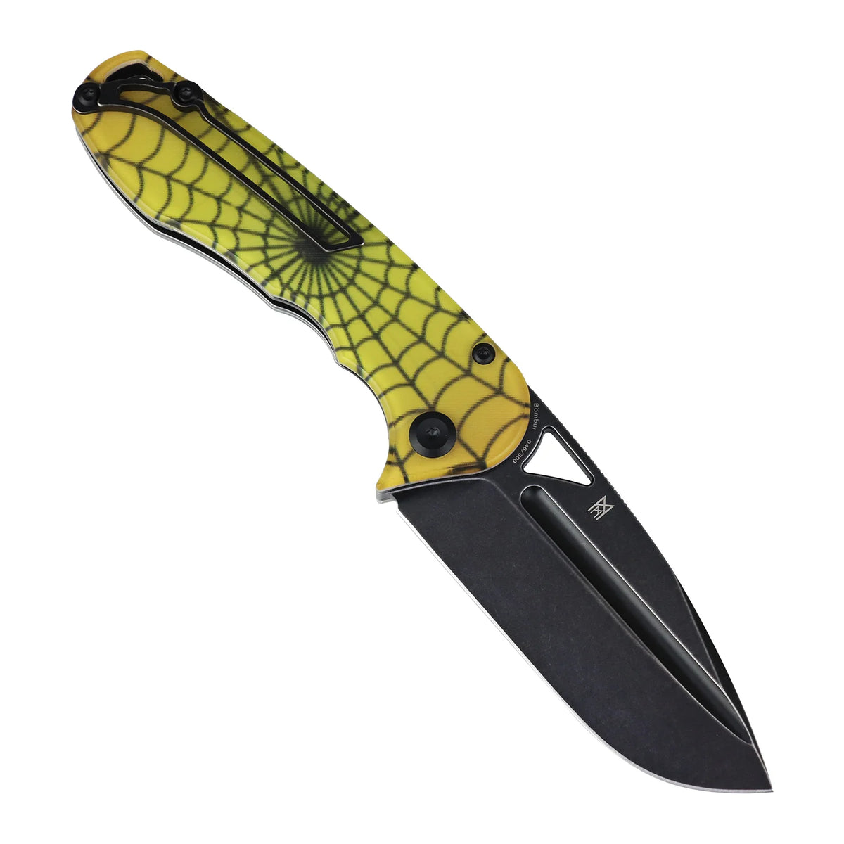 Tenable Bömbur T1054A9 Blackwash D2 Blade PC with Yellow Spiderweb Pattern Handle Liner Lock Folding Knife