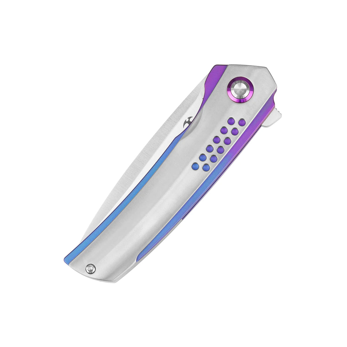 Kansept Tracer K1115A1 CPM-S35VN frame-lock folder with blue-purple anodized titanium, open reverse three-quarter view