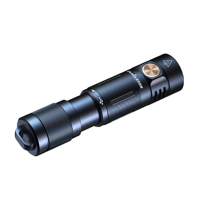 Fenix E05R Mini keychain flashlight in blue anodized aluminium showing the metal switch and key chain attachment ring