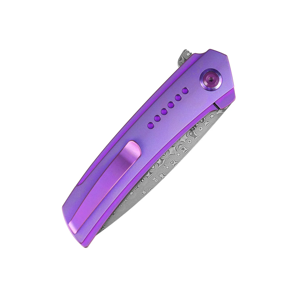 Kansept Tracer K1115A3 Damascus frame-lock folder with purple anodized titanium, open reverse three-quarter view