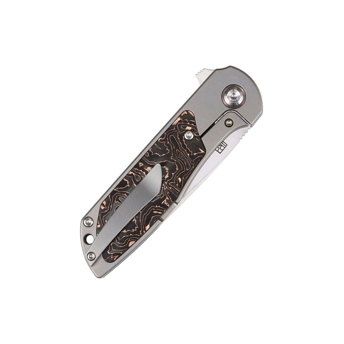 Kansept Ptarmigan K2055A2 CPM-S35VN frame-lock folder with copper carbon fiber, closed side view on a white background