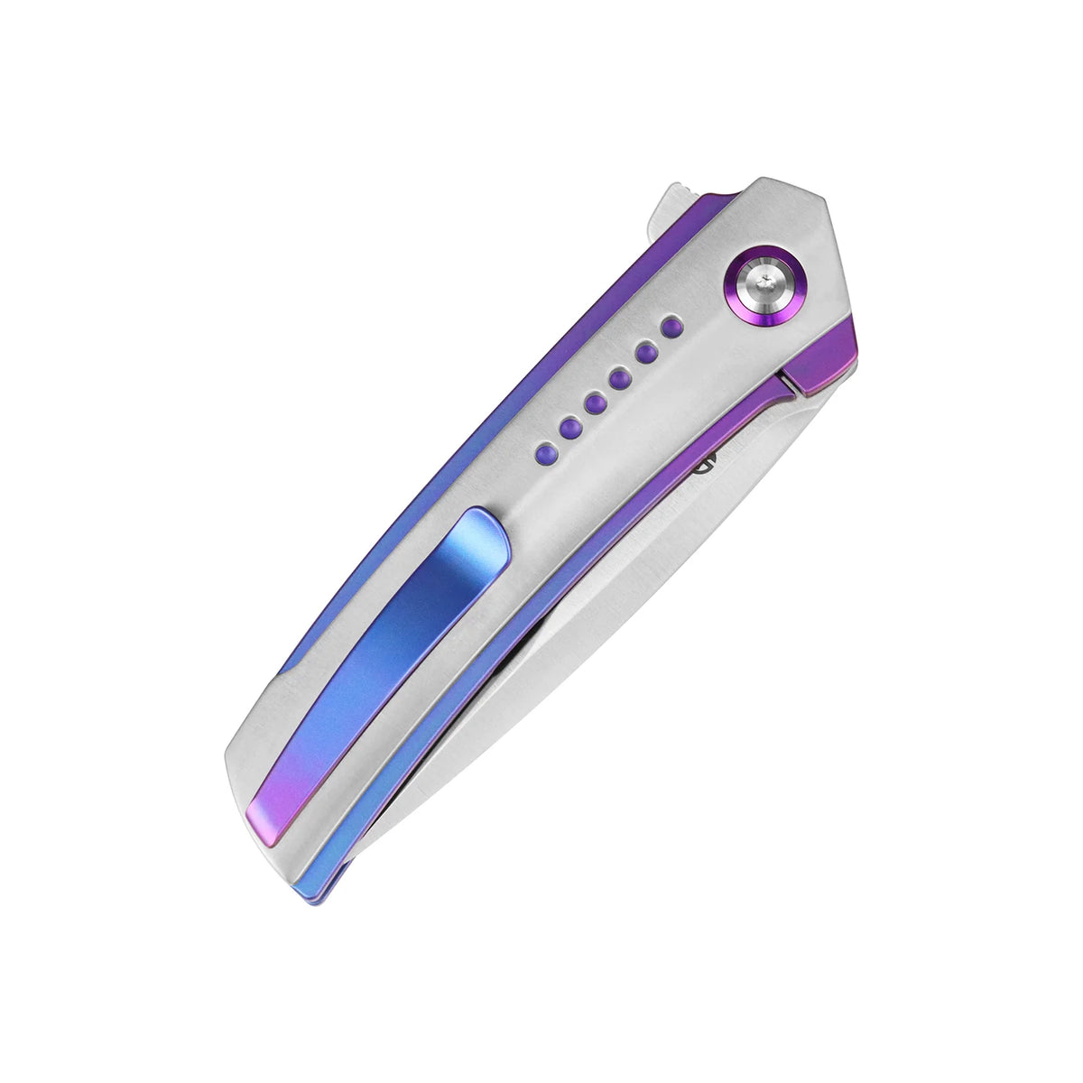 Kansept Tracer K1115A1 CPM-S35VN frame-lock folder with blue-purple anodized titanium, closed side profile view