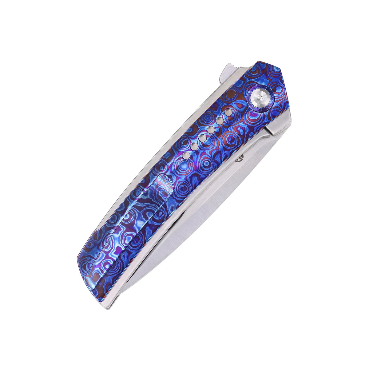 Kansept Tracer K1115A4 CPM-S35VN frame-lock folder with titanium and Timascus, closed side profile view