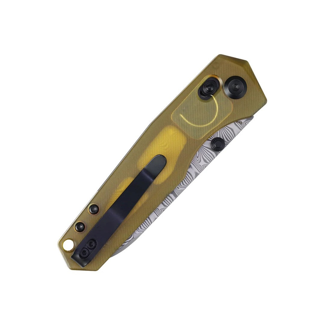 Tenable Beaver T1105V6 Water Ripple Damascus Blade Amber PEI/Ultem Handle Crossbar Lock Folding Knife