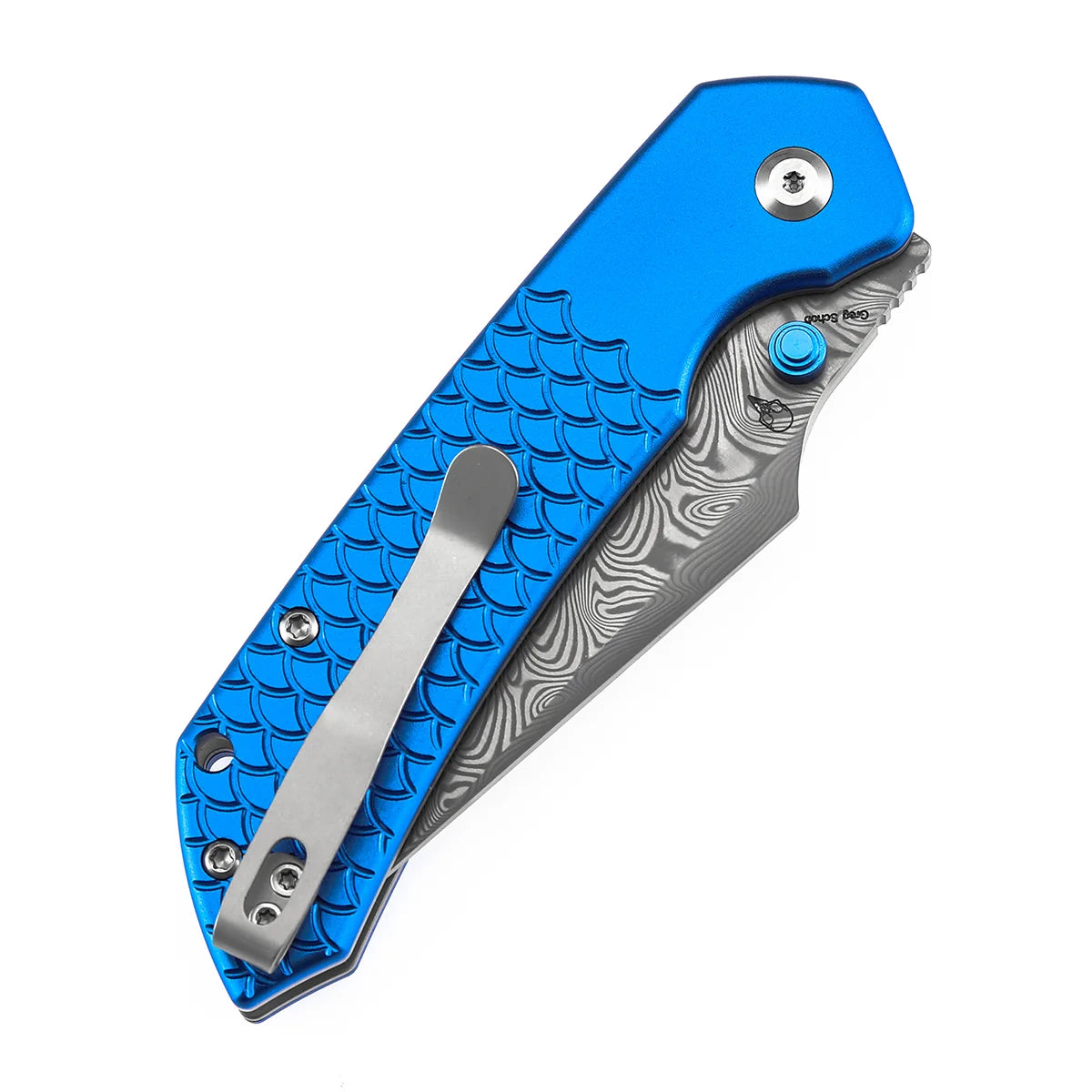 Tenable Fenrir B1034H9 Damascus Blade Blue Aluminum Handle Top Liner Lock Folding Knife