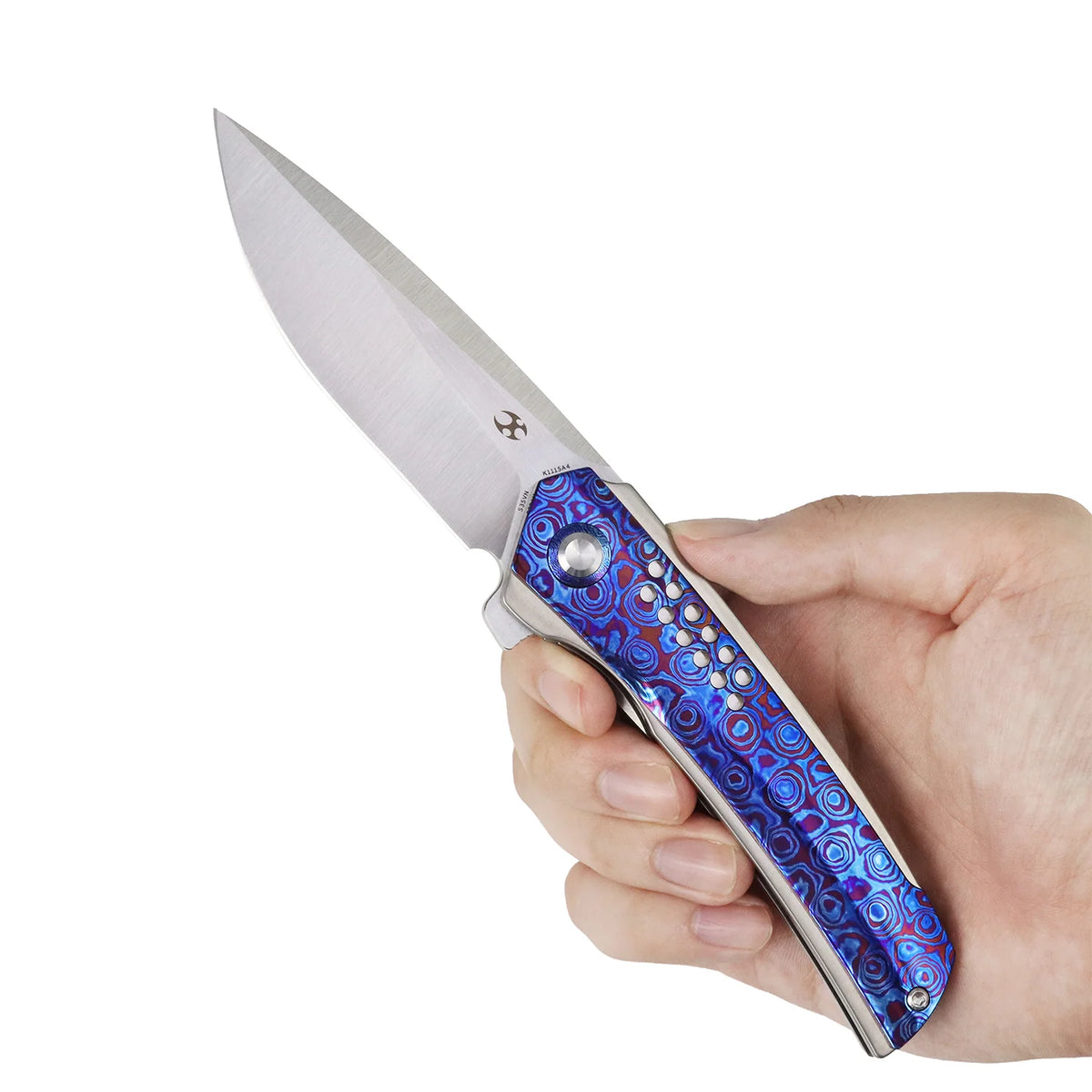 Kansept Tracer K1115A4 CPM-S35VN frame-lock folder with titanium and Timascus, hand-held open view on a white background