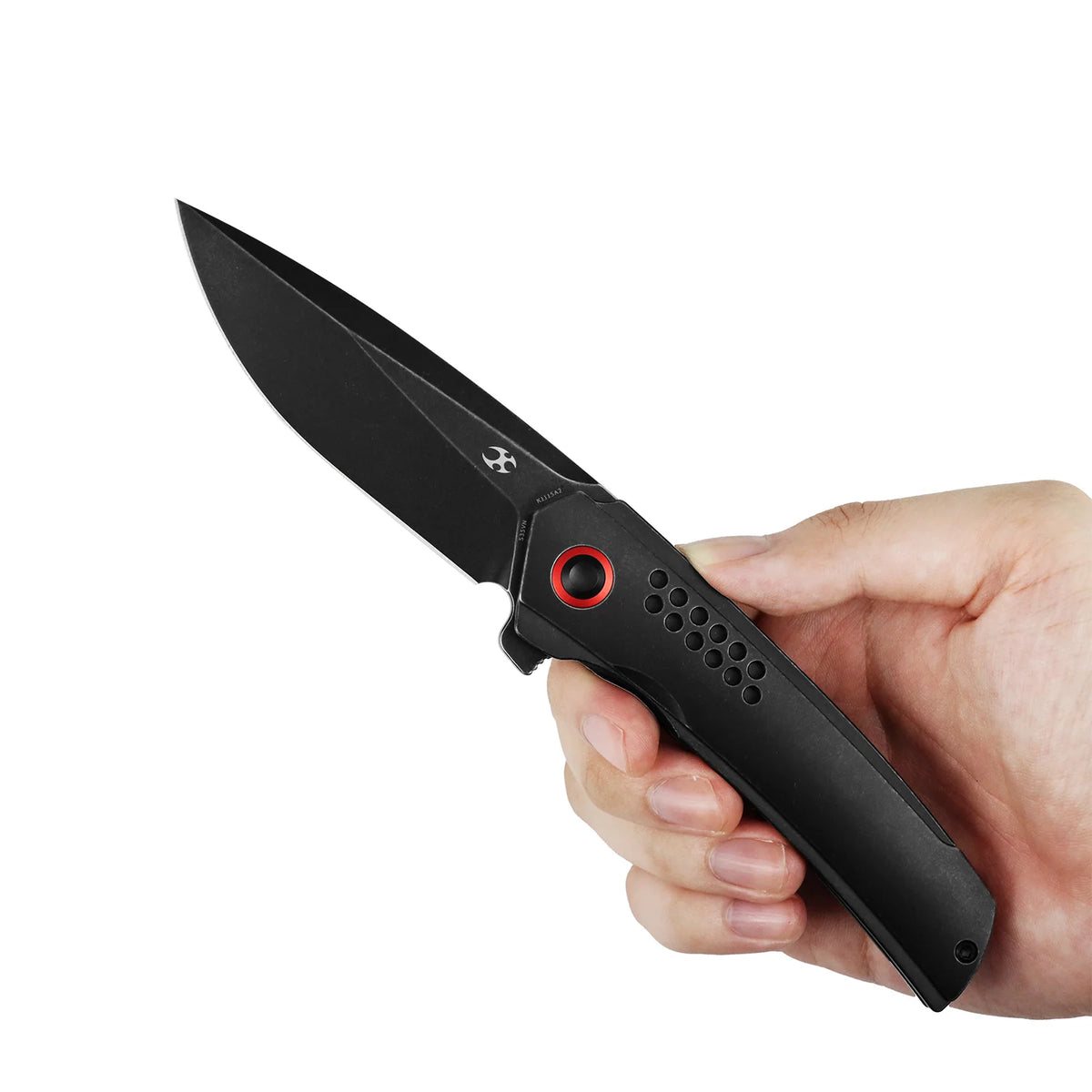 Kansept Tracer K1115A2 CPM-S35VN frame-lock folder with blackwash titanium, hand-held open view on a white background