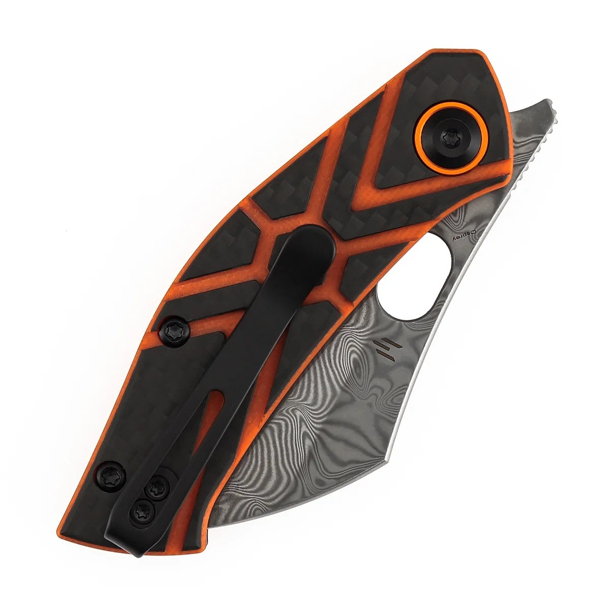 Tenable Osprey B2087A4 Damascus Blade Twill Carbon Fiber & Orange G10 Handle Liner Lock Folding Knife