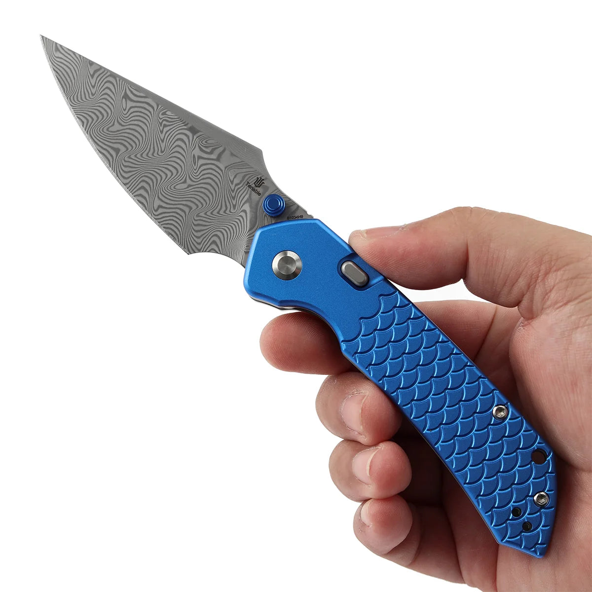 Tenable Fenrir B1034H9 Damascus Blade Blue Aluminum Handle Top Liner Lock Folding Knife