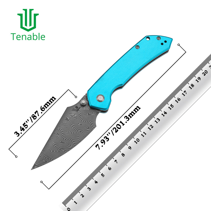 Tenable Fenrir B1034H8 Damascus Blade Aluminum Handle Top Liner Lock Folding Knife