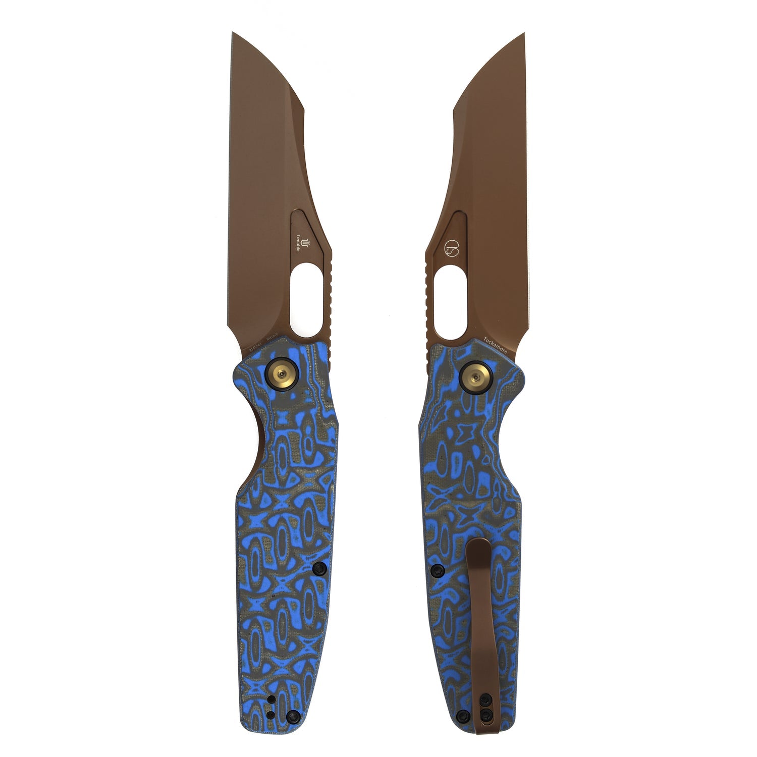 Tenable Tuckamore B1052A3 Rose Gold Nitro-V Blade Blue & Yellow Vortex Micarta Handle Liner Lock Folding Knife