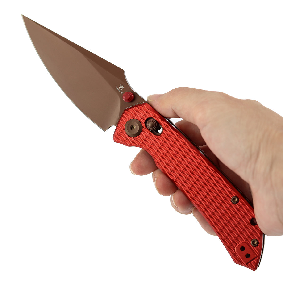 Tenable Fenrir T1034V17 Rose Gold Nitro-V Blade Red Anodized Aluminum Handle Crossbar Lock Folding Knife