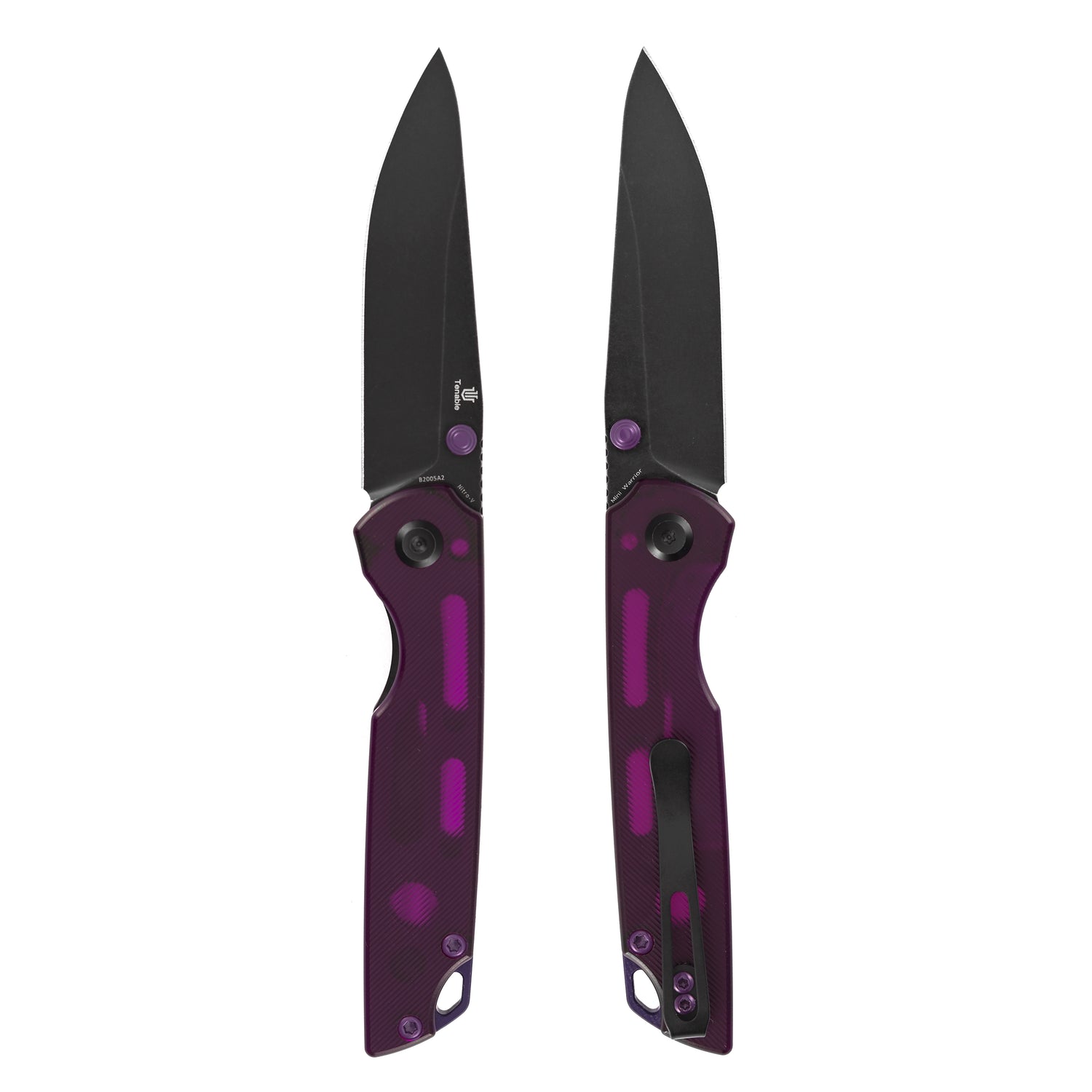 Tenable Mini Warrior B2005A2 Blackwash Nitro-V Blade Purple Acrylic Handle Liner Lock Folding Knife