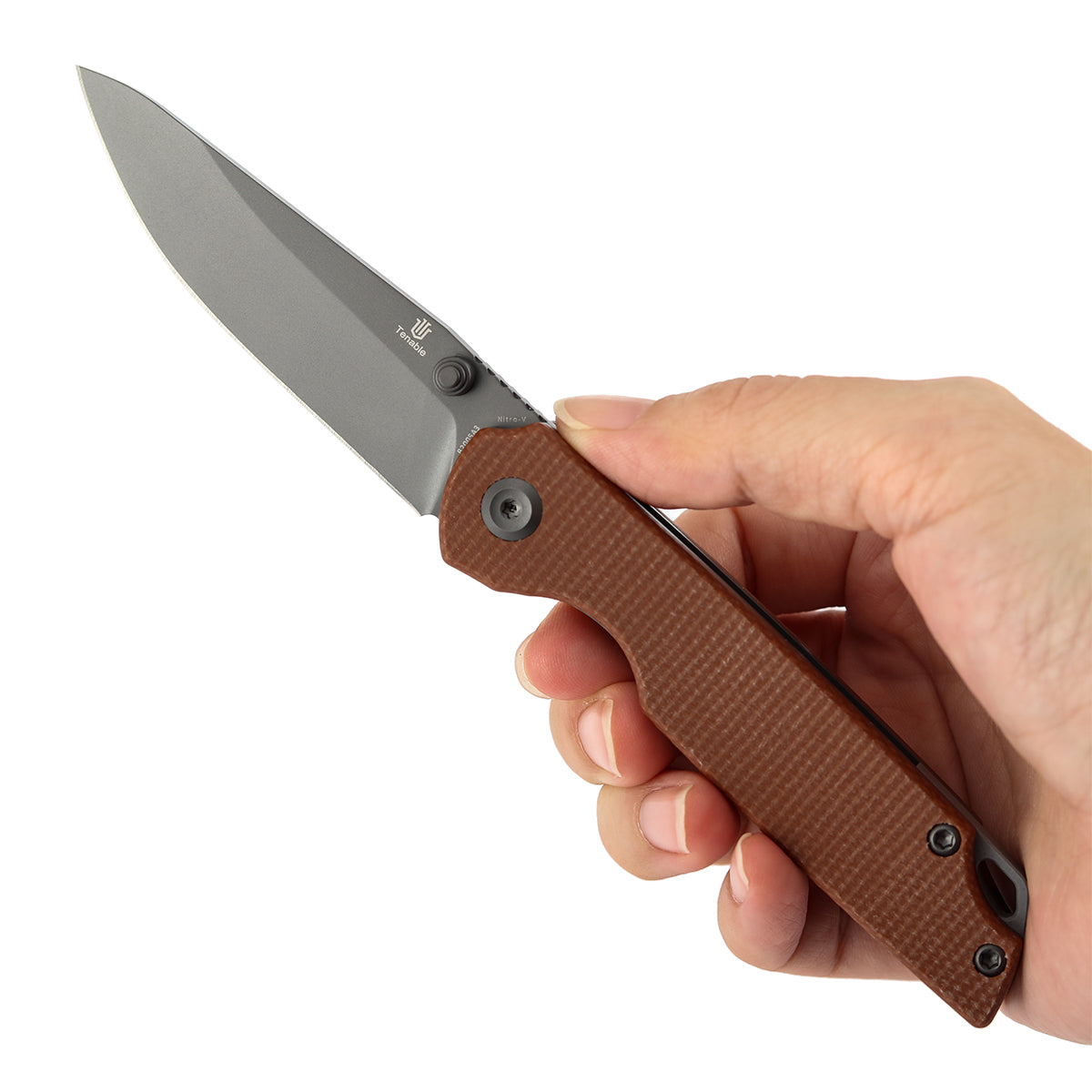 Tenable Mini Warrior B2005A3 Gray TiCn Coated Nitro-V Blade Brown Micarta Handle Liner Lock Folding Knife