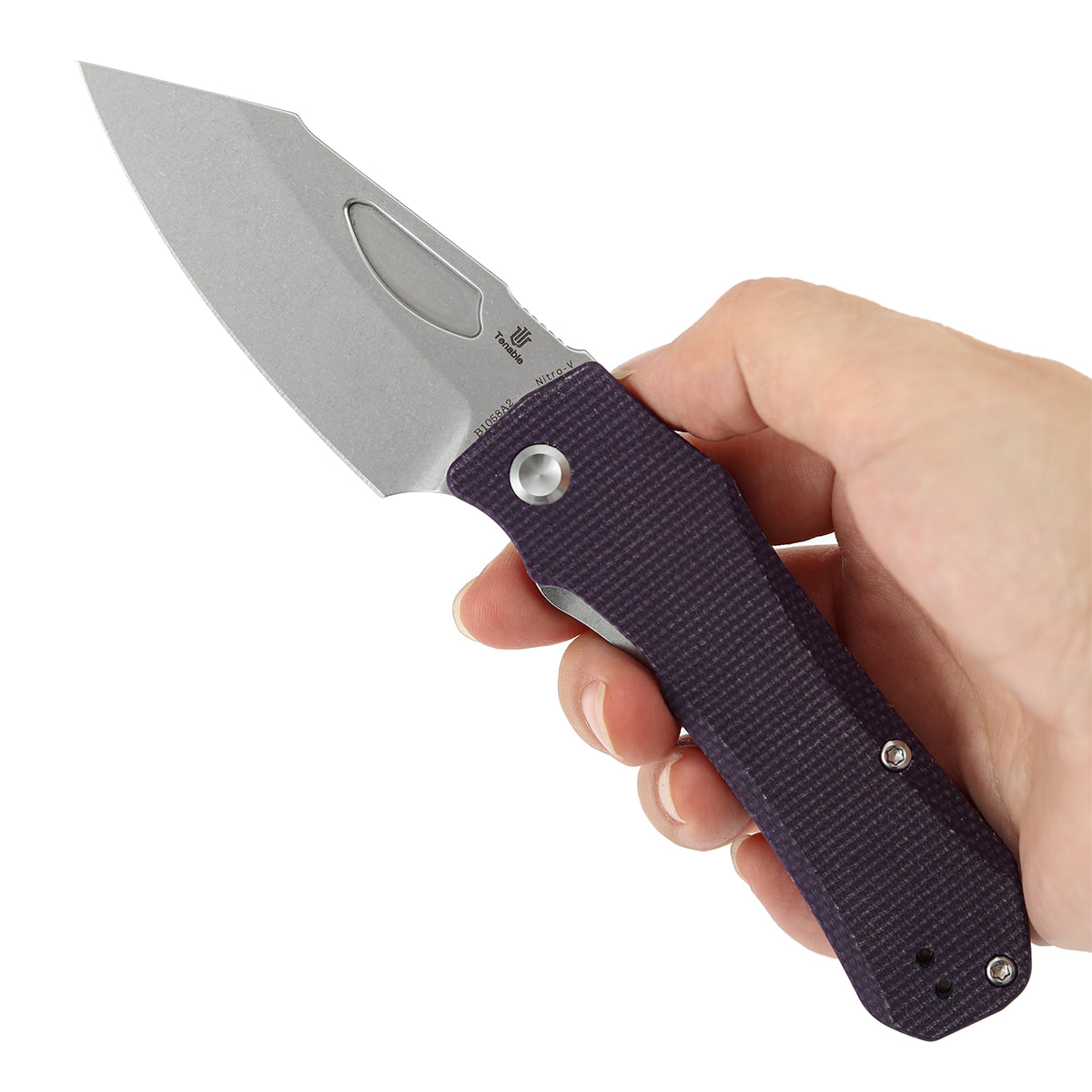 Tenable Loki B1058A2 Stonewashed Nitro-V Blade Purple Micarta Handle Liner Lock Folding Knife