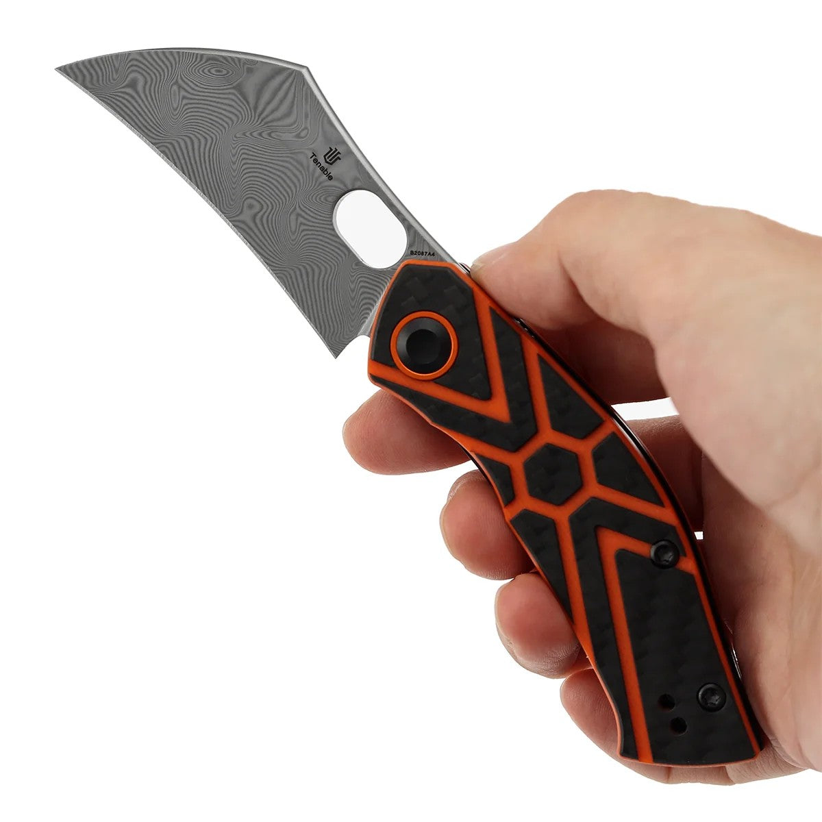 Tenable Osprey B2087A4 Damascus Blade Twill Carbon Fiber & Orange G10 Handle Liner Lock Folding Knife