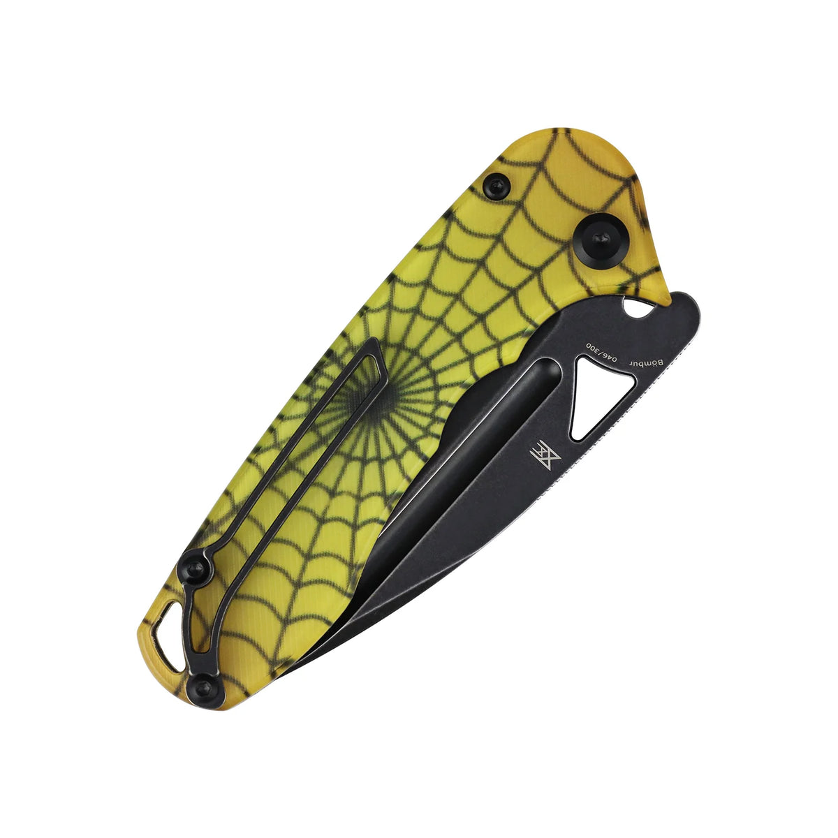 Tenable Bömbur T1054A9 Blackwash D2 Blade PC with Yellow Spiderweb Pattern Handle Liner Lock Folding Knife