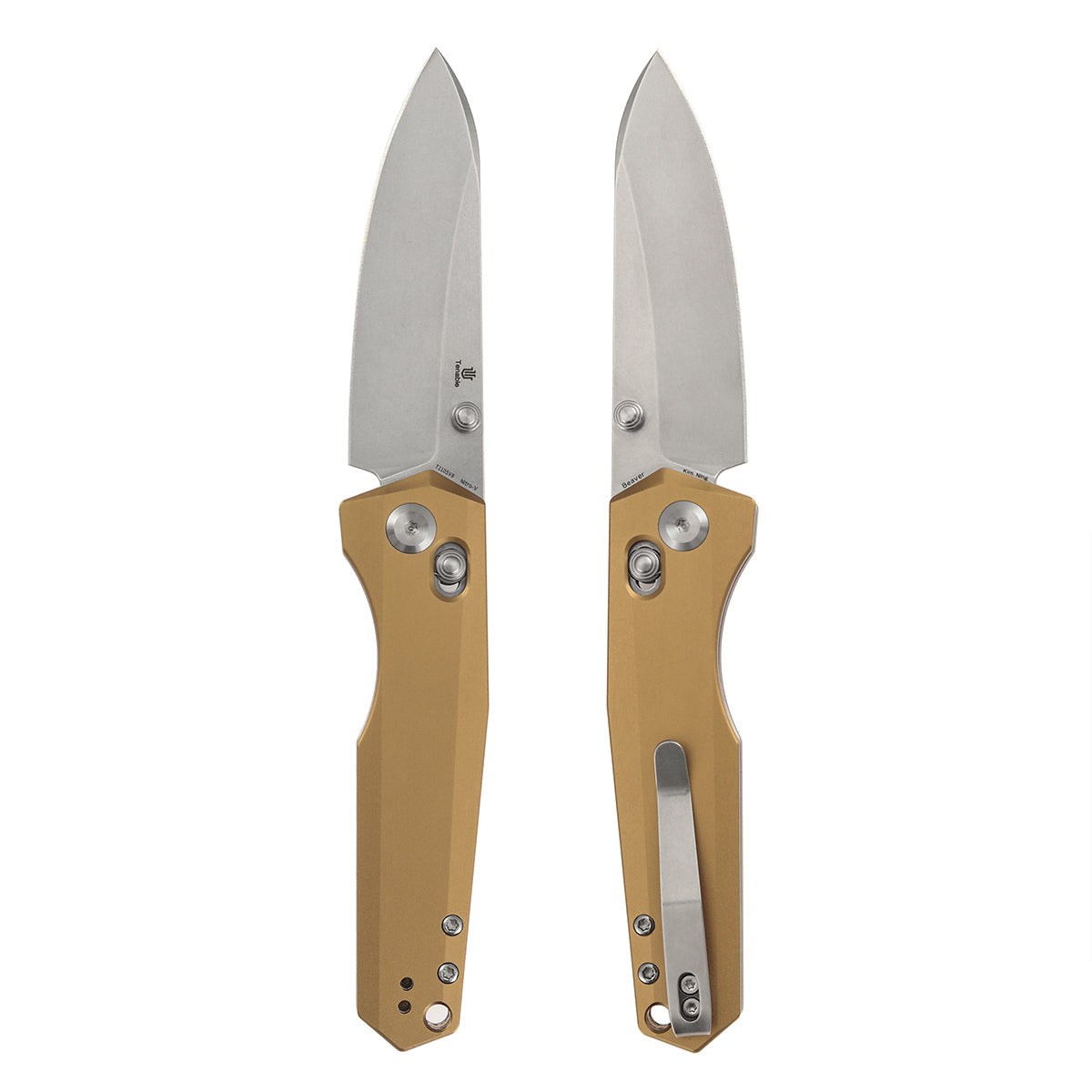 Tenable Beaver T1105V8 Stonewashed Nitro-V Blade Bronze Aluminum Handle Crossbar Lock Folding Knife