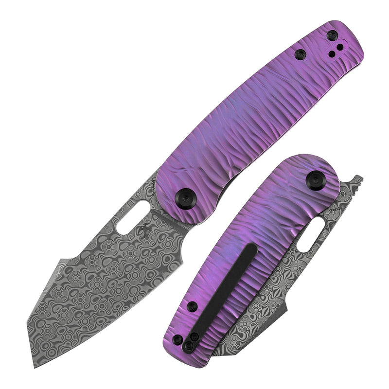 Kansept Orlok K2111A6 Acid Etched Damascus Blade Purple Anodized Titanium Handle Nested Liner Lock Folding Knife
