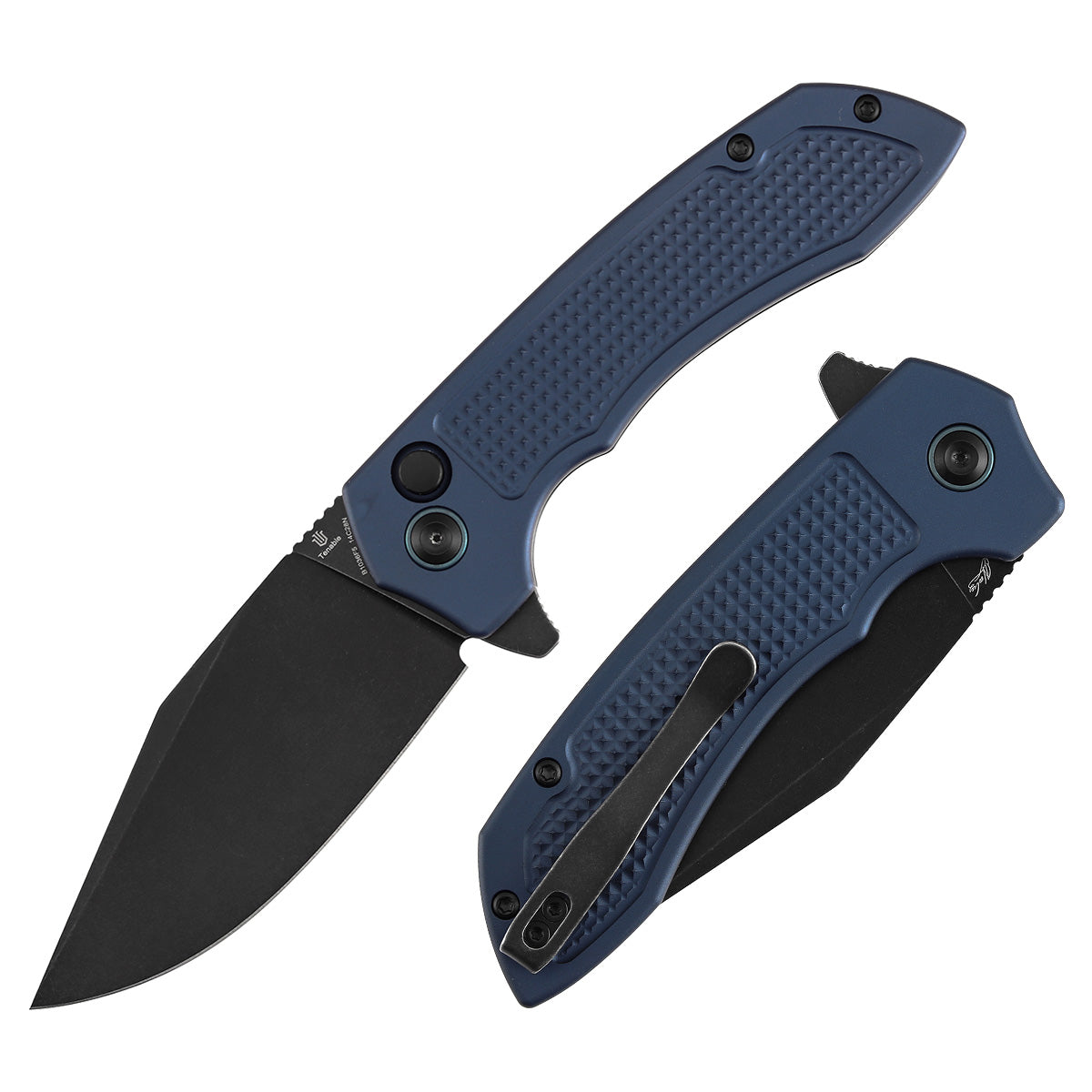 Tenable Entity B1036F5 Blackwash 14C28N Blade Blue Aluminum Handdle Button Lock Folding Knife