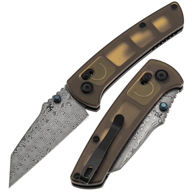 Kansept Main Street T1015V12 Damascus Blade Amber PEI/Ultem Handle Crossbar Lock Folding Knives