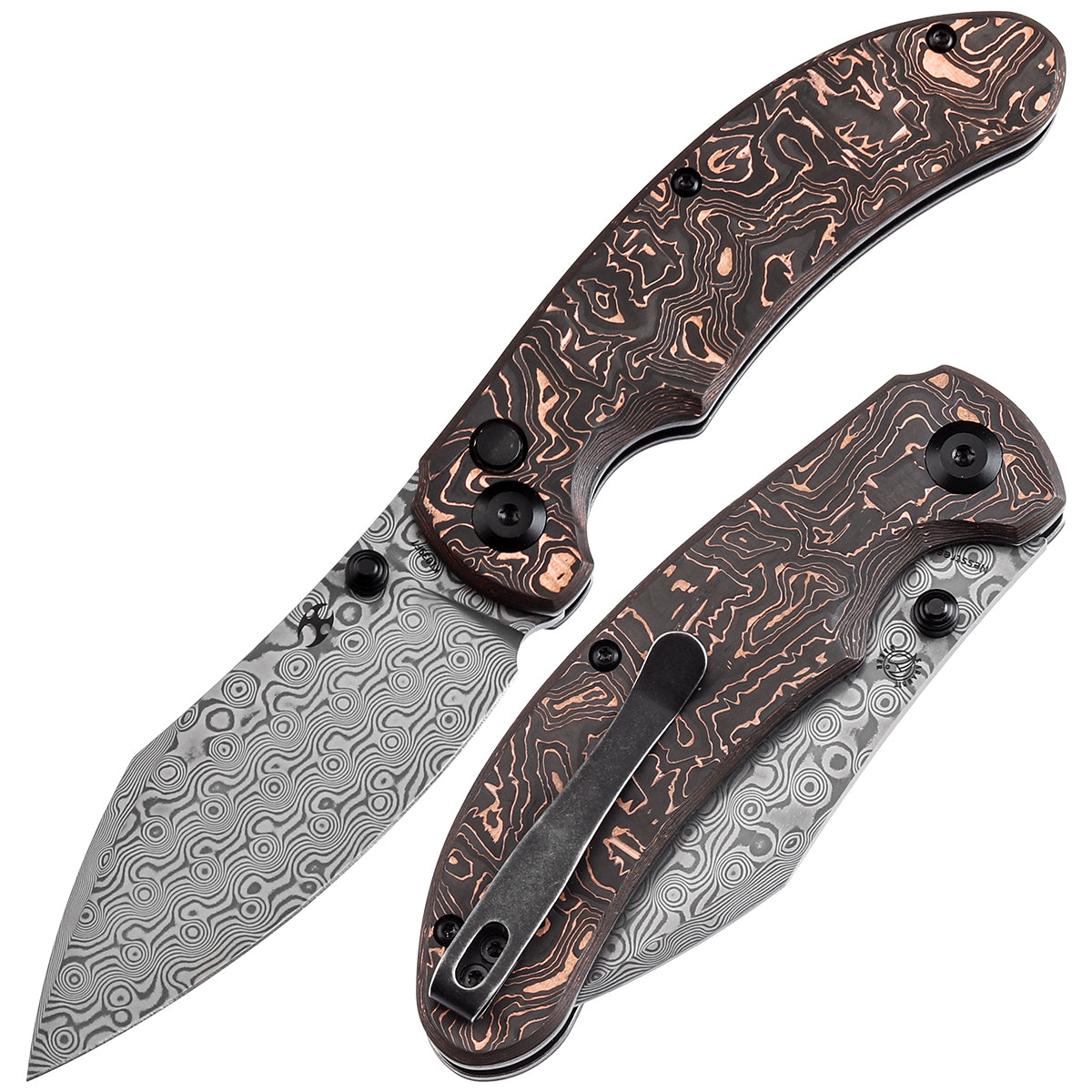 Kansept Nesstreet K1039F7 Damascus Blade Copper Carbon Fiber Handle Folding Knife