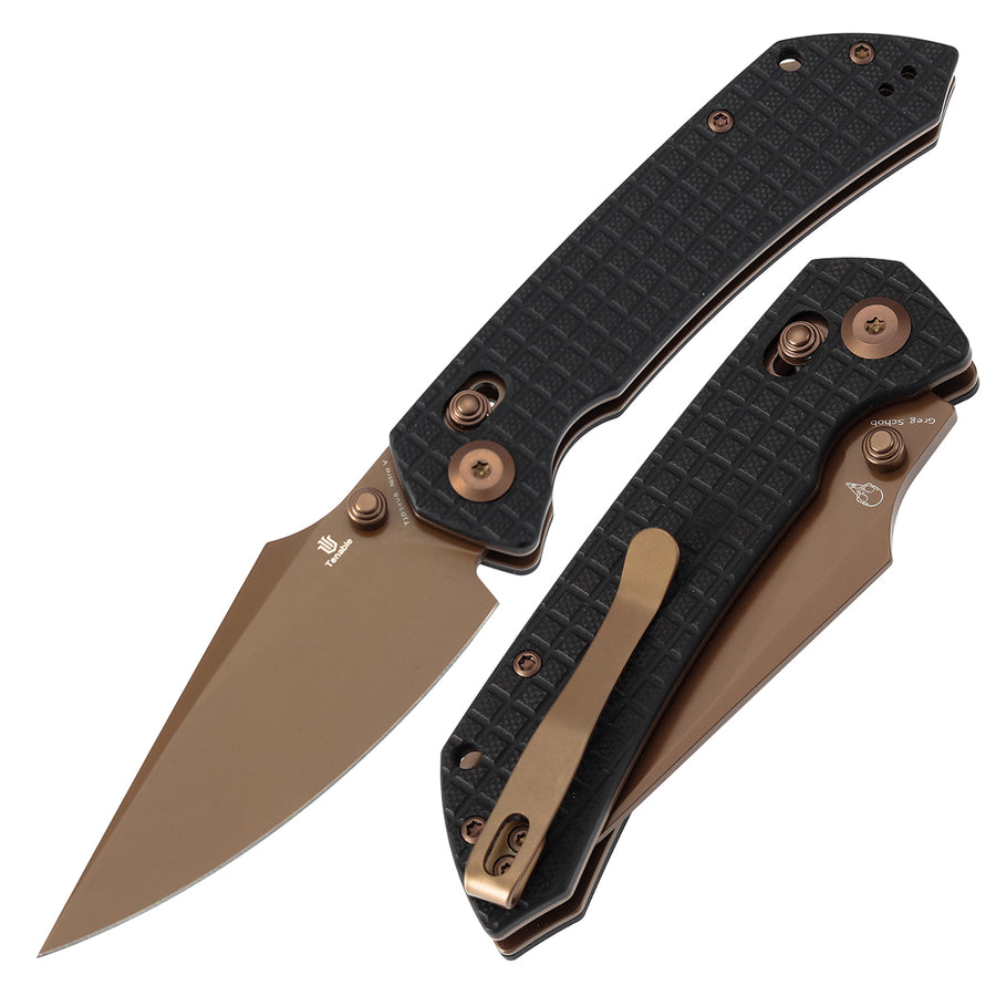 Tenable Knives Fenrir T1034V8 Rose Gold Coated Nitro-V Blade Black G10 Handle Cross Bar Lock