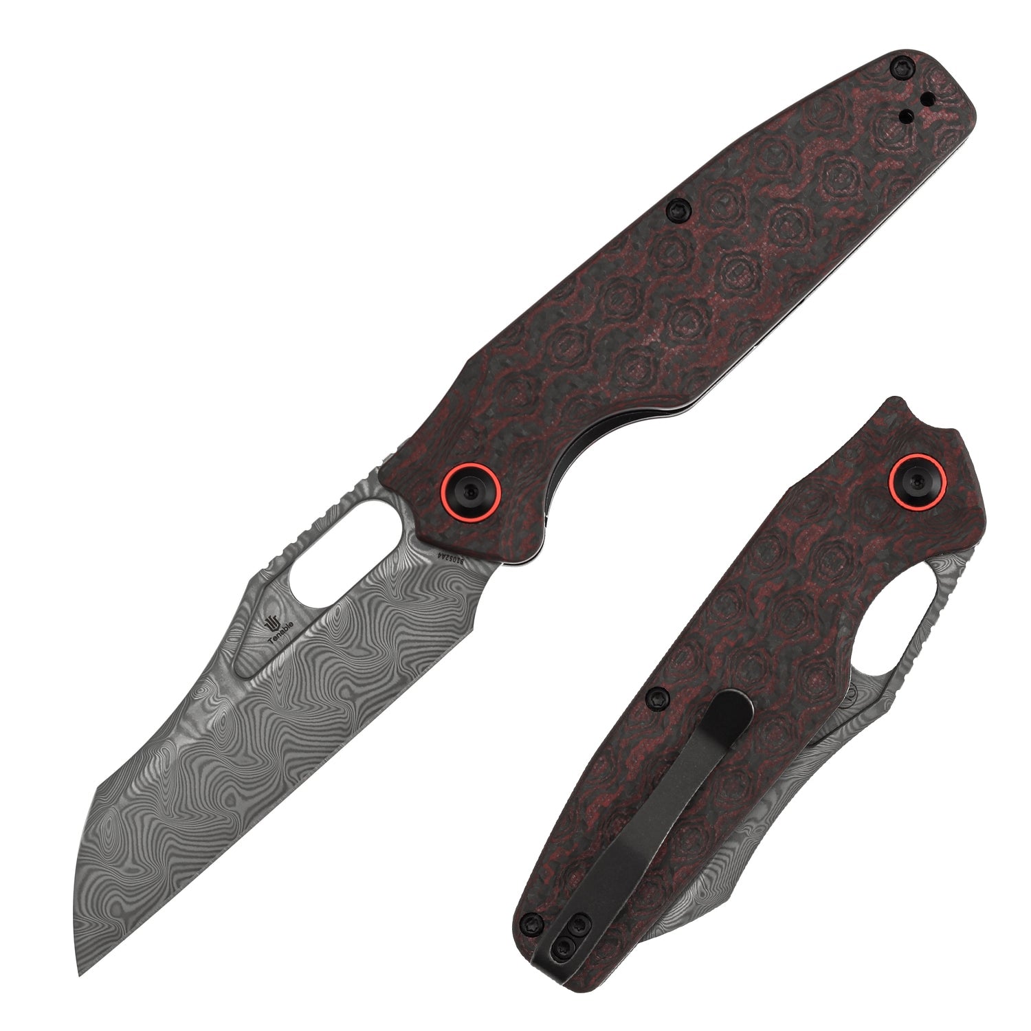 Tenable Tuckamore B1052A4 Water Ripple Damascus Blade Red & Black Rose Pattern Carbon Fiber Handle Liner Lock Folding Knife