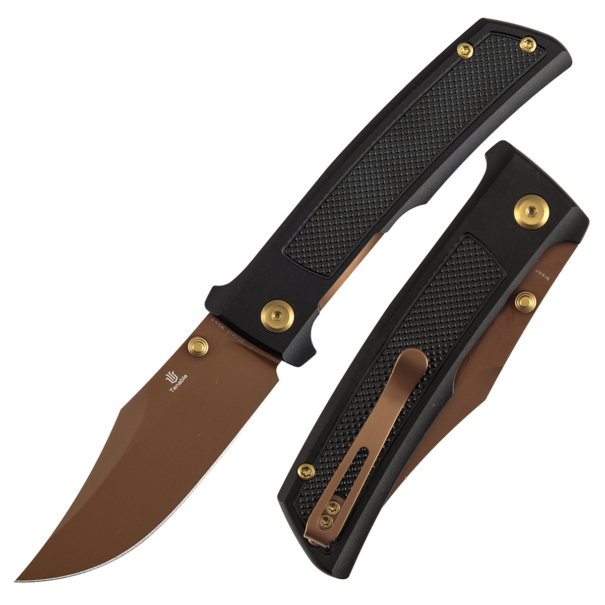 Tenable Bison B2108A3 Rose Gold Nitro-V Blade Black Aluminum Handle Liner Lock Folding Knife